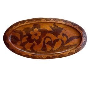 Vintage Oval Floral Wooden Carved tray platter